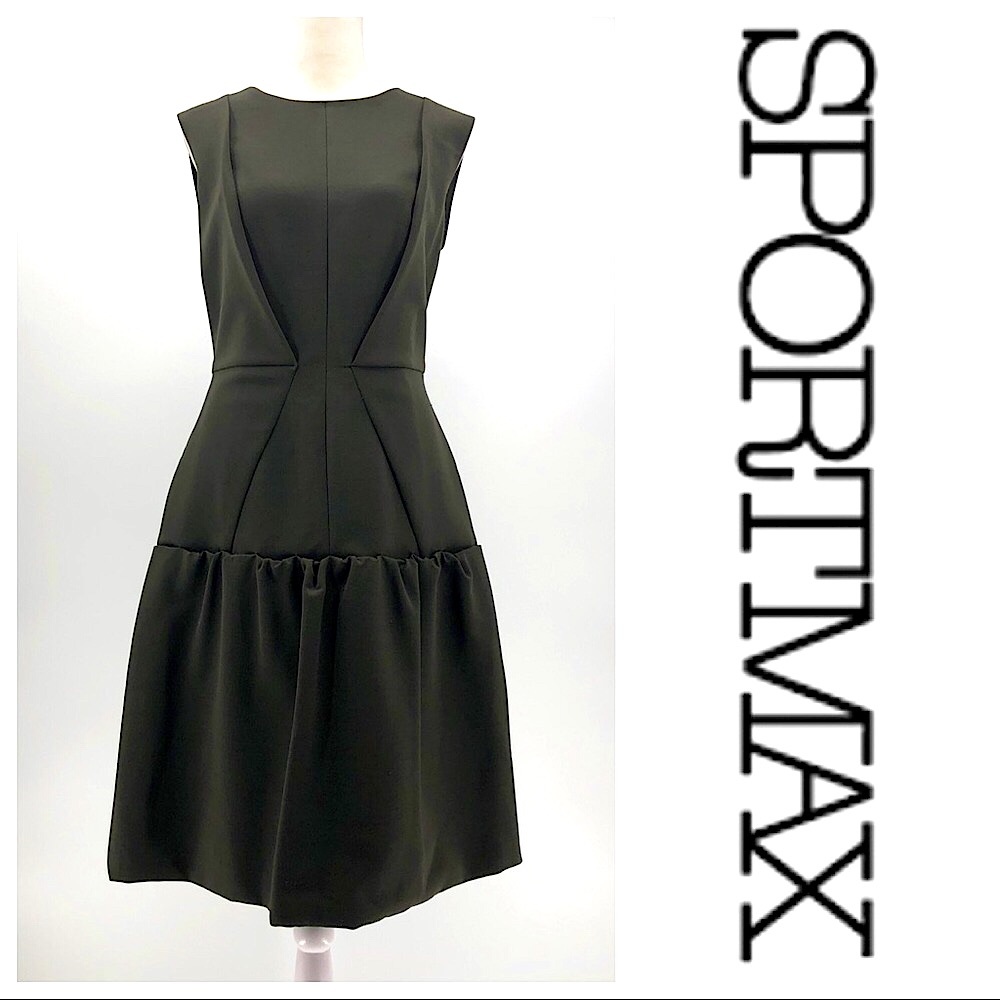SPORTMAX Khaki Green Dress Sleeveless Folded Tiered A-Line Poufy Size 10